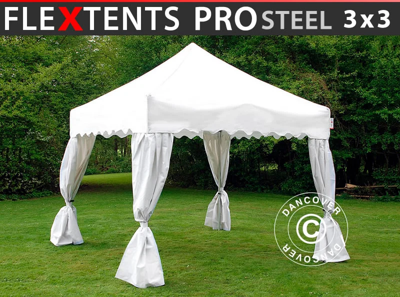 Faltzelt FleXtents PRO Steel "Wave" 3x3m Weiß, mit 4 Gardinen