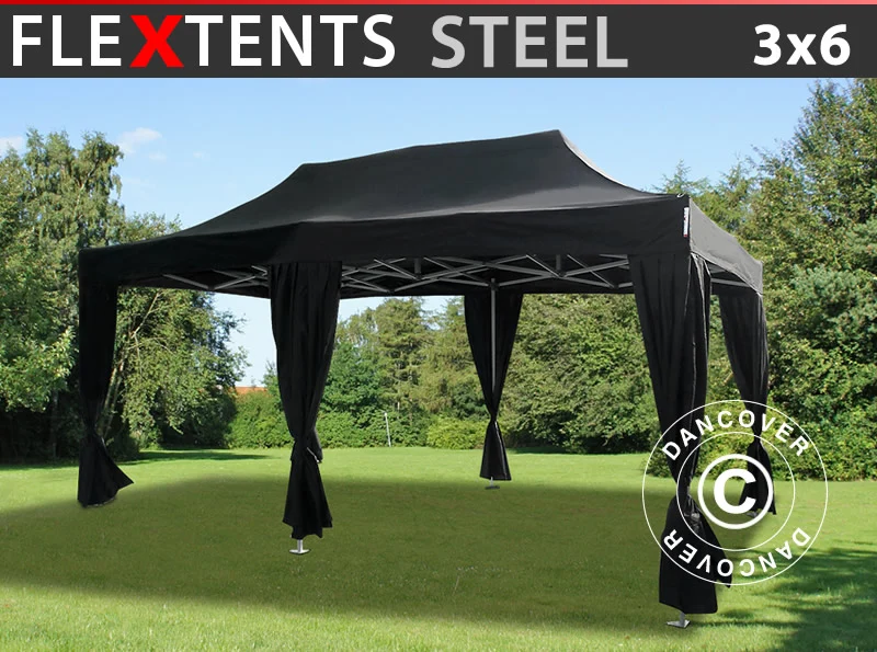 Faltzelt FleXtents Steel 3x6m Schwarz, mit 6 Gardinen
