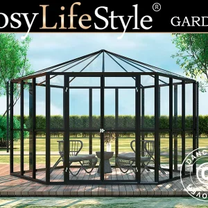 Sechseckige Orangerie aus Glas 8,42m², 3,12x3,6x2,42m, Schwarz