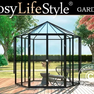 Sechseckige Orangerie aus Glas 3,74m², 2,08x2,4x2,32m, Schwarz