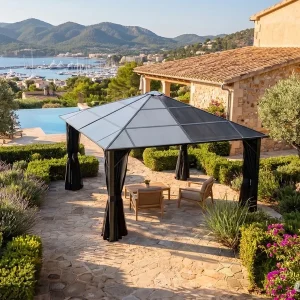 Pavillon Santa Barbara Steel+ mit Vorhängen und Moskitonetz, 4x4m, Schwarz