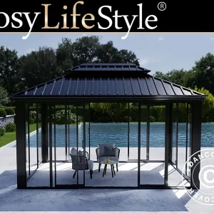 Pavillon Santa Fe Alu+ mit Seitenwänden und Schiebetüren, 3x4,25m, Schwarz