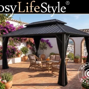 Pavillon Santa Fe Steel+ mit Vorhängen und Moskitonetz, 3x4,25m, Schwarz