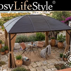 Pavillon San Jose Steel+ mit Vorhängen und Moskitonetz, 3x4m, Braun