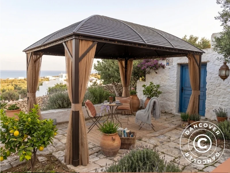 Pavillon San Jose Steel+ mit Vorhängen und Moskitonetz, 3x4m, Braun - Image 4