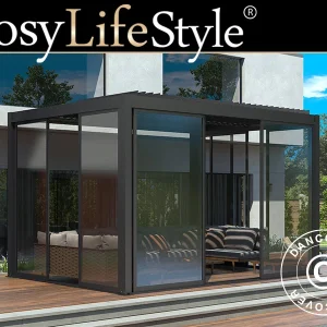 Bioklimatischer Pergola-Pavillon San Pablo Alu+ mit Schiebetüren, 3x4m, Schwarz