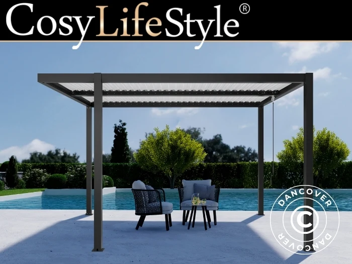 Bioklimatischer pergola pavillon San Pablo Alu+, Open Side, 4x4m, Schwarz/Weiß