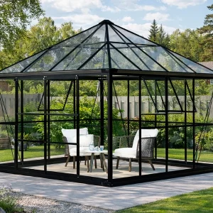 Orangerie, Pavillon aus Glas 8,06m², 2,82x2,86x2,8m mit Sockel, Schwarz