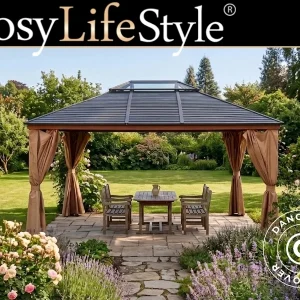 Pavillon Santa Clarita mit Vorhängen, 3,6x4,6m, Holzoptik