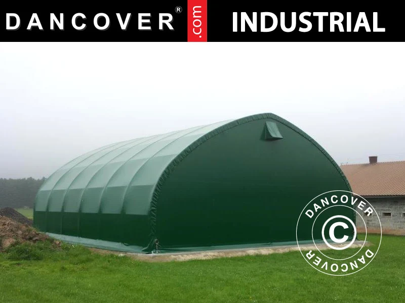 Zelthalle, Rundbogenhalle 8x15x4,33m mit Schiebetür, PVC, Grün