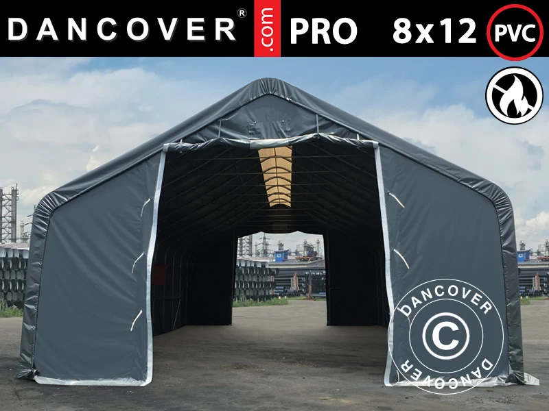 Lagerzelt PRO 8x12x5,2m PVC mit Dachfenster, Grau