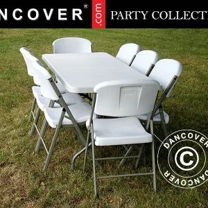 Party-Paket, 1 Klapptisch (180cm) + 8 Klappstühle, Hellgrau/Weiß