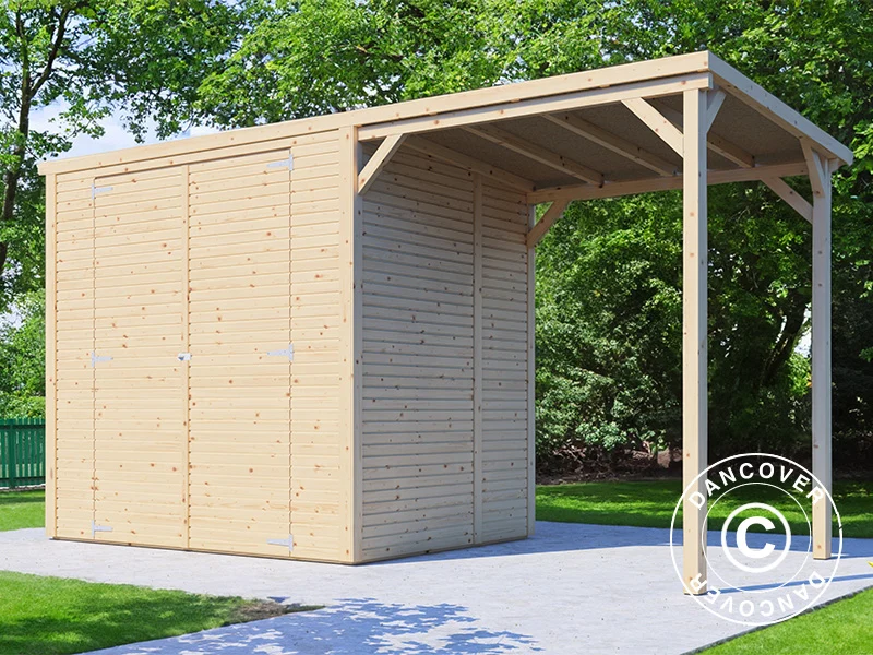 Holzschuppen mit Vordach, Bertilo Cubico 2Plus, 3,73x1,57x2,08m, 2,43m² + 3,37m², Natur