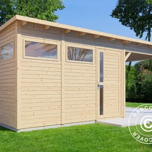 Holzschuppen mit Vordach, Bertilo Pentus 3L, 5,58x2,34x2,33m, 7,65m²+5,15m², Natur